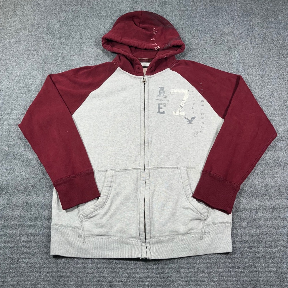 American Eagle Full Zip Hoodie Men XL Y2K Raglan Graphic Fleece Heavyweight Grey